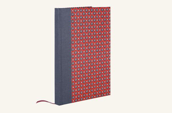 Diary unlined, red patterned cover, brown, white, linen spine taupe